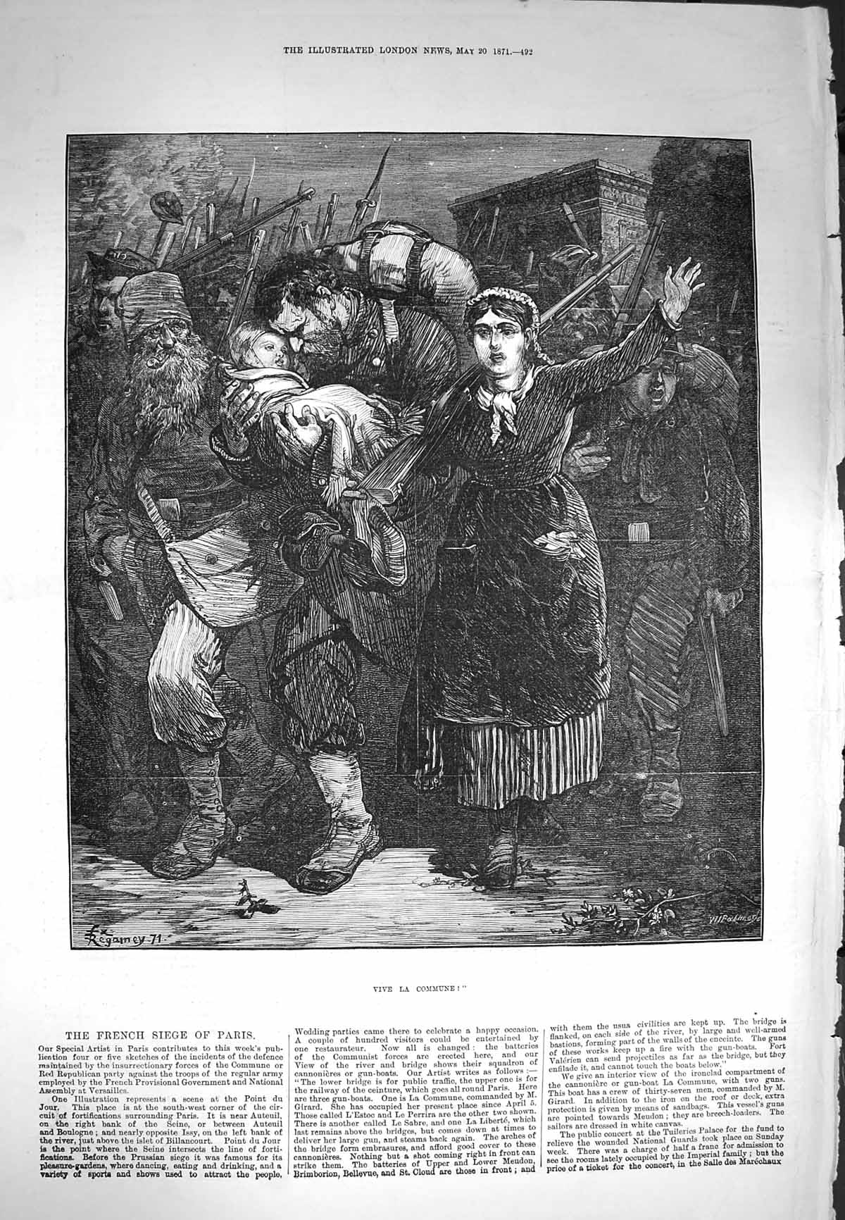 Original Old Antique Print 1871 French Siege Paris Vive La Commune Sier 19th