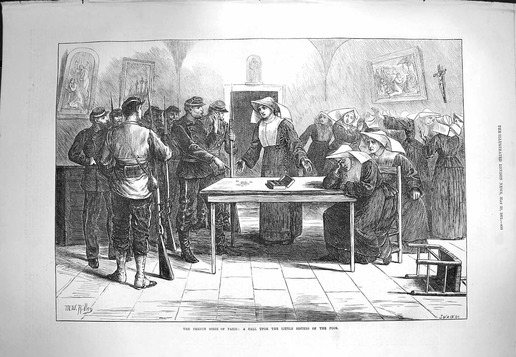 Original Old Antique Print 1871 French Siege Paris Nuns Siers Poor Victorian