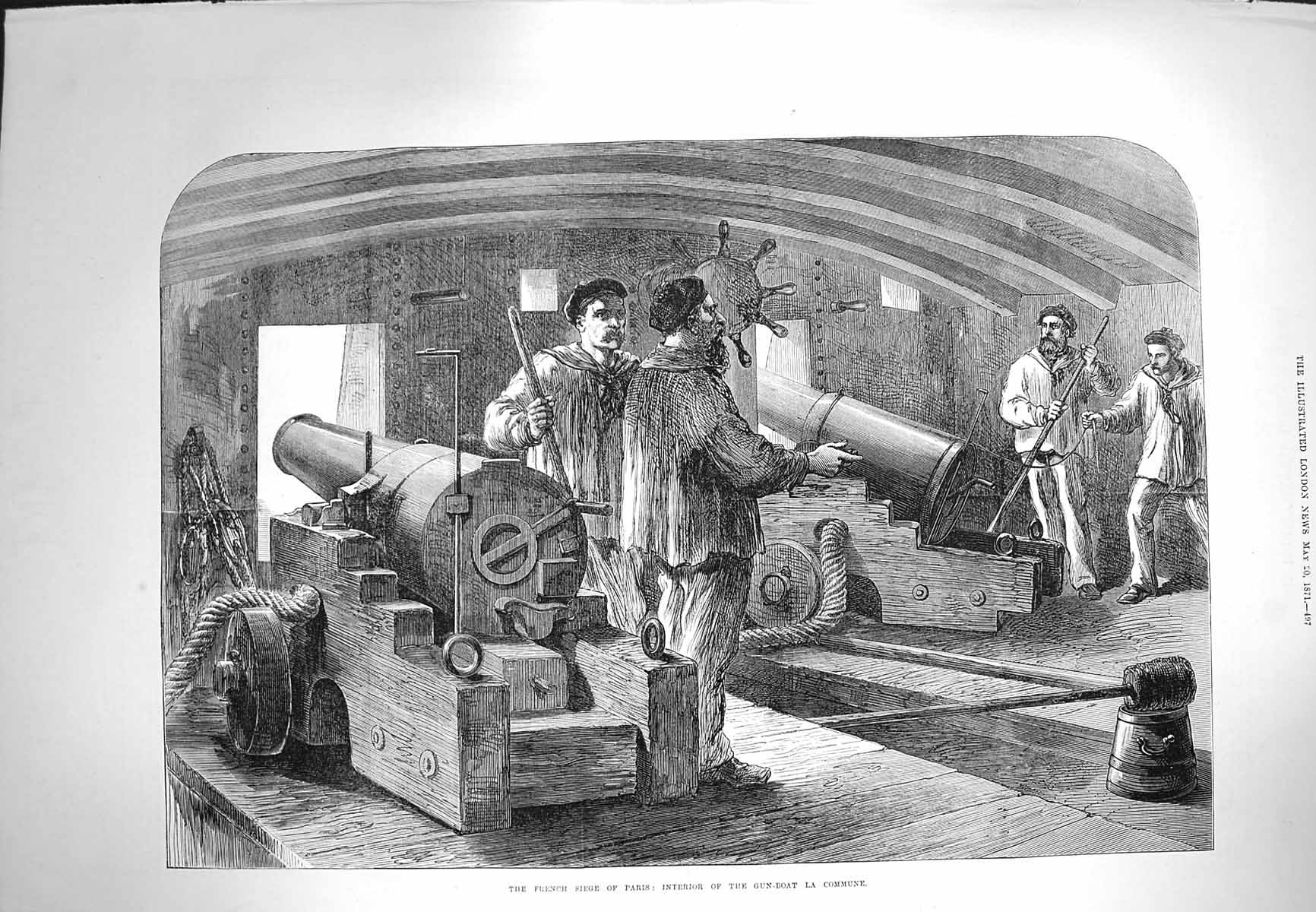 Original Old Antique Print 1871 French Siege Paris Interior Gun-Boat La Commune