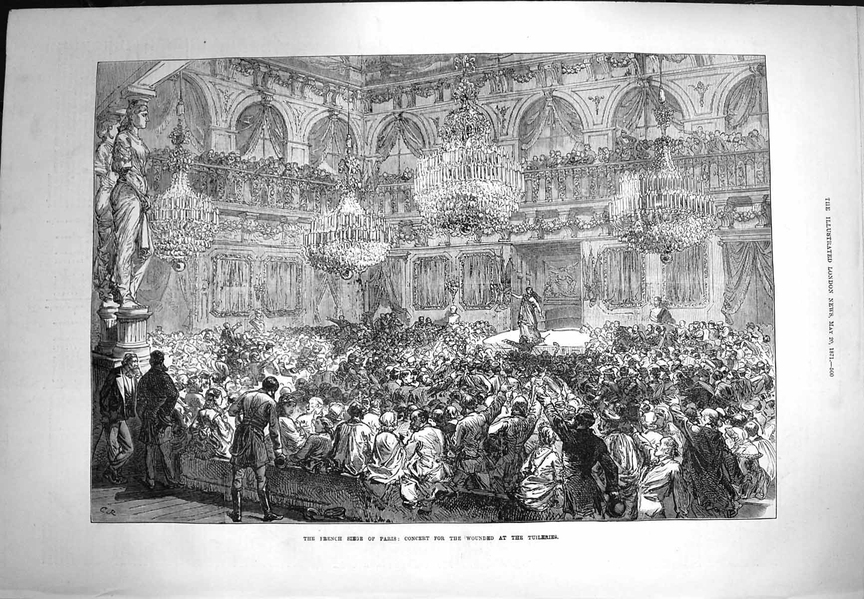 Original Old Antique Print 1871 French Siege Paris Concert Wounded Tuileries