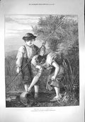 Original Old Antique Print 1871 Children Fishing Pond Countryside Dobson 19th