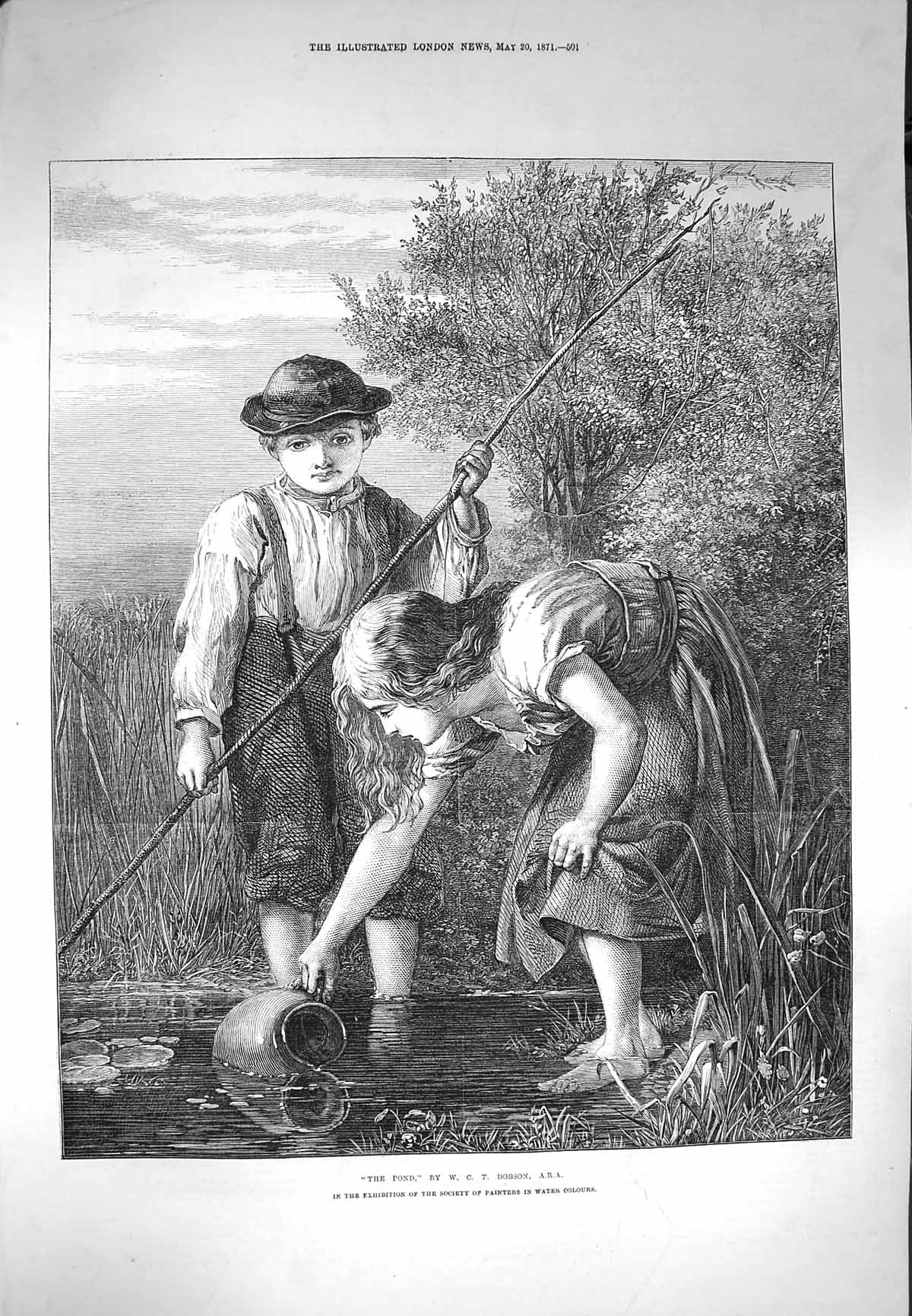 Original Old Antique Print 1871 Children Fishing Pond Countryside Dobson 19th