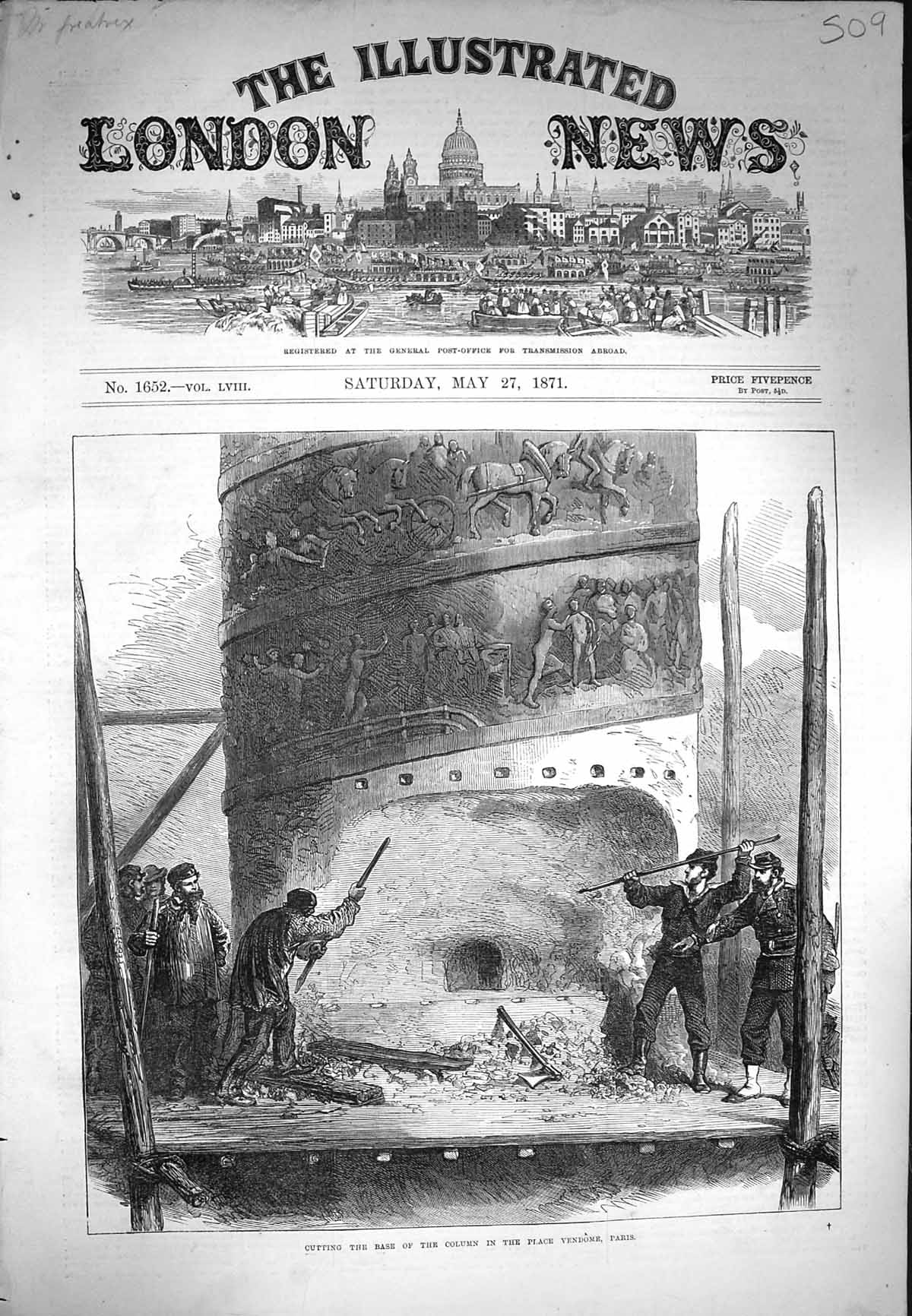 Original Old Antique Print 1871 Cutting Base Column Place Vendome Paris 19th