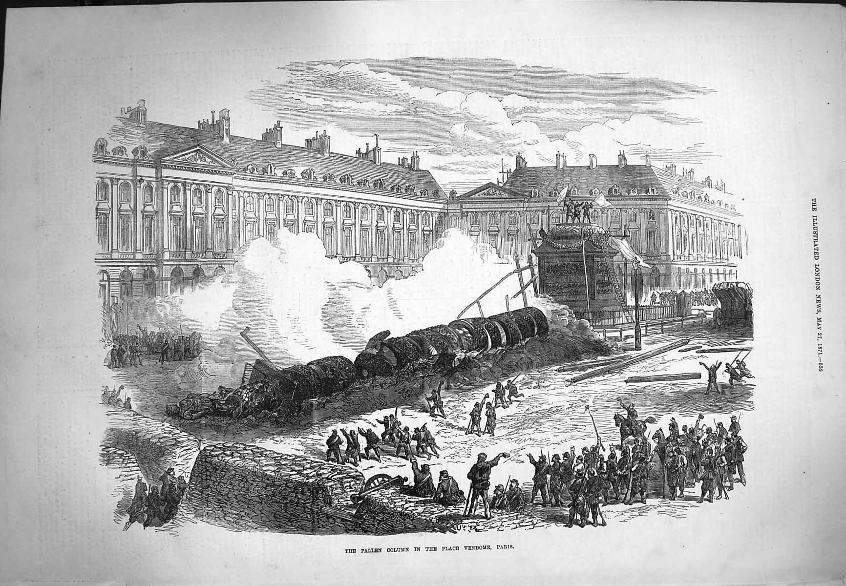 Original Old Antique Print 1871 Fallen Column Place Vendome Paris Franc 19th
