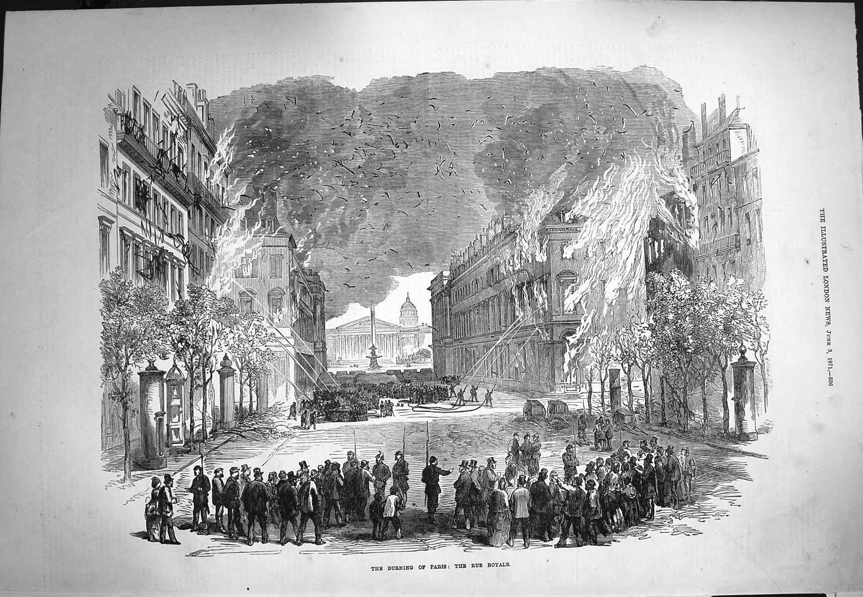 Original Old Antique Print 1871 Burning Paris France Rue Royale Fire Bu 19th