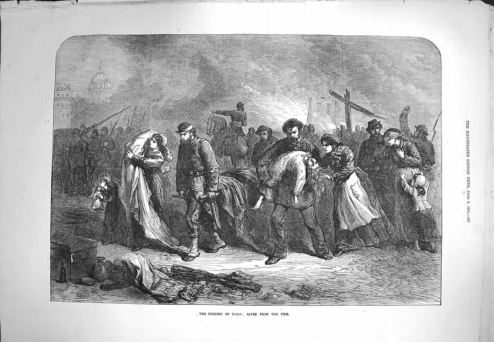 Original Old Antique Print 1871 Burning Paris France Fire Rescue 19th