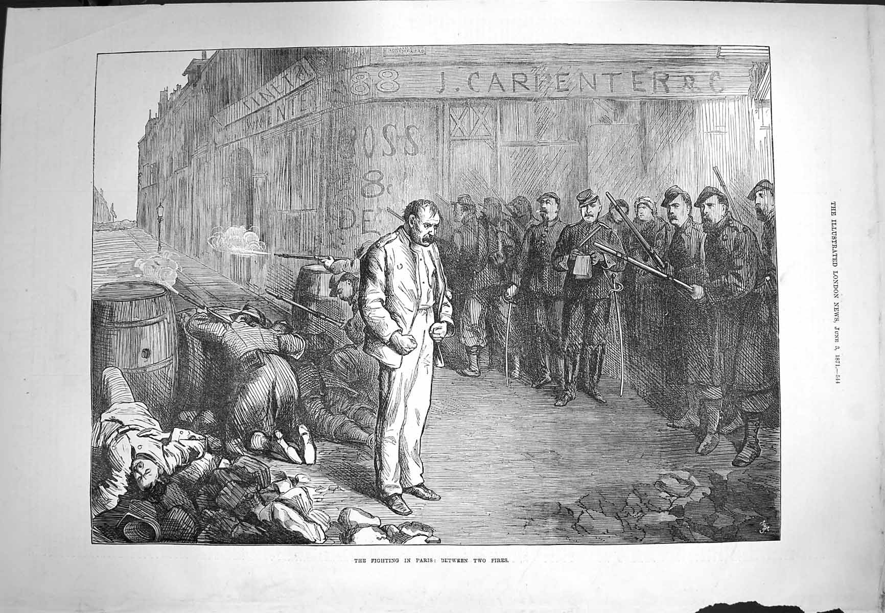 Original Old Antique Print 1871 Fighting Paris France Siers War Street Scene