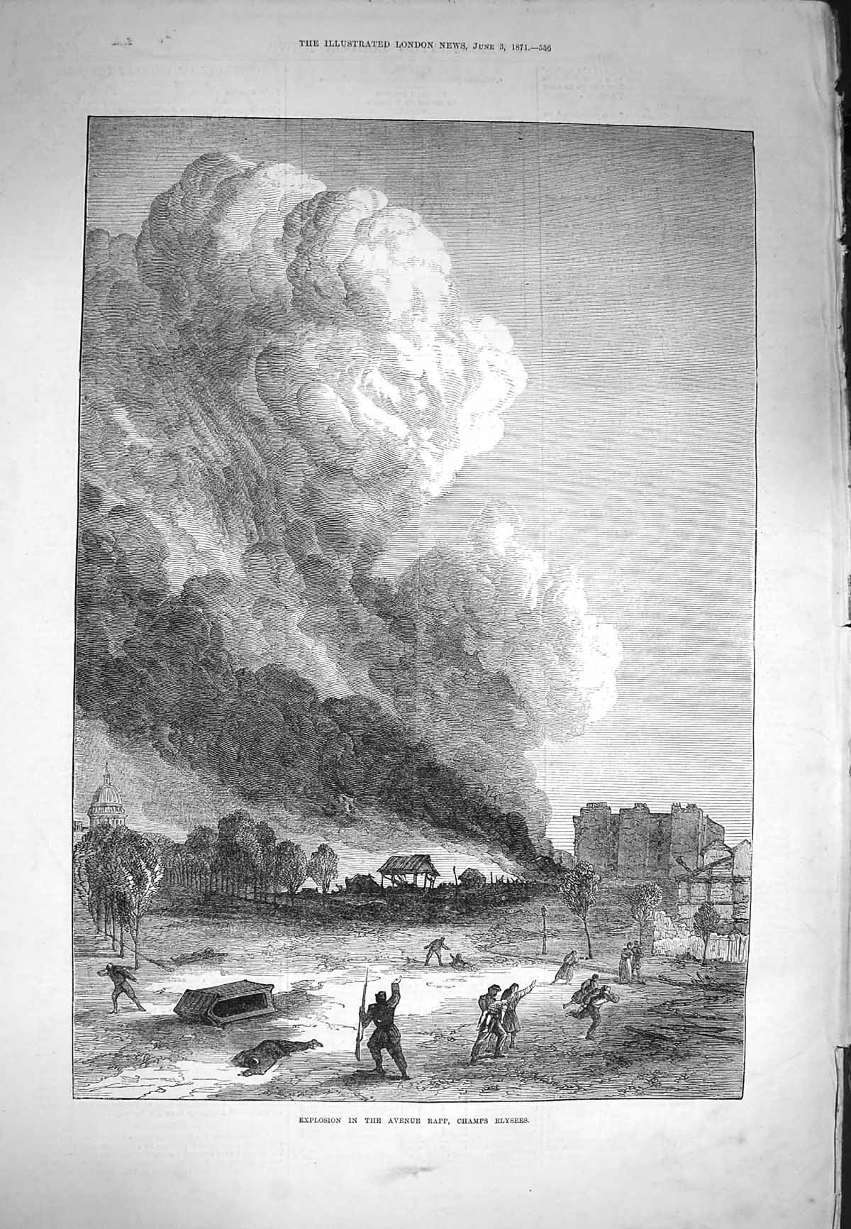 Original Old Antique Print 1871 Explosion Avenue Rapp Champs Elysees France