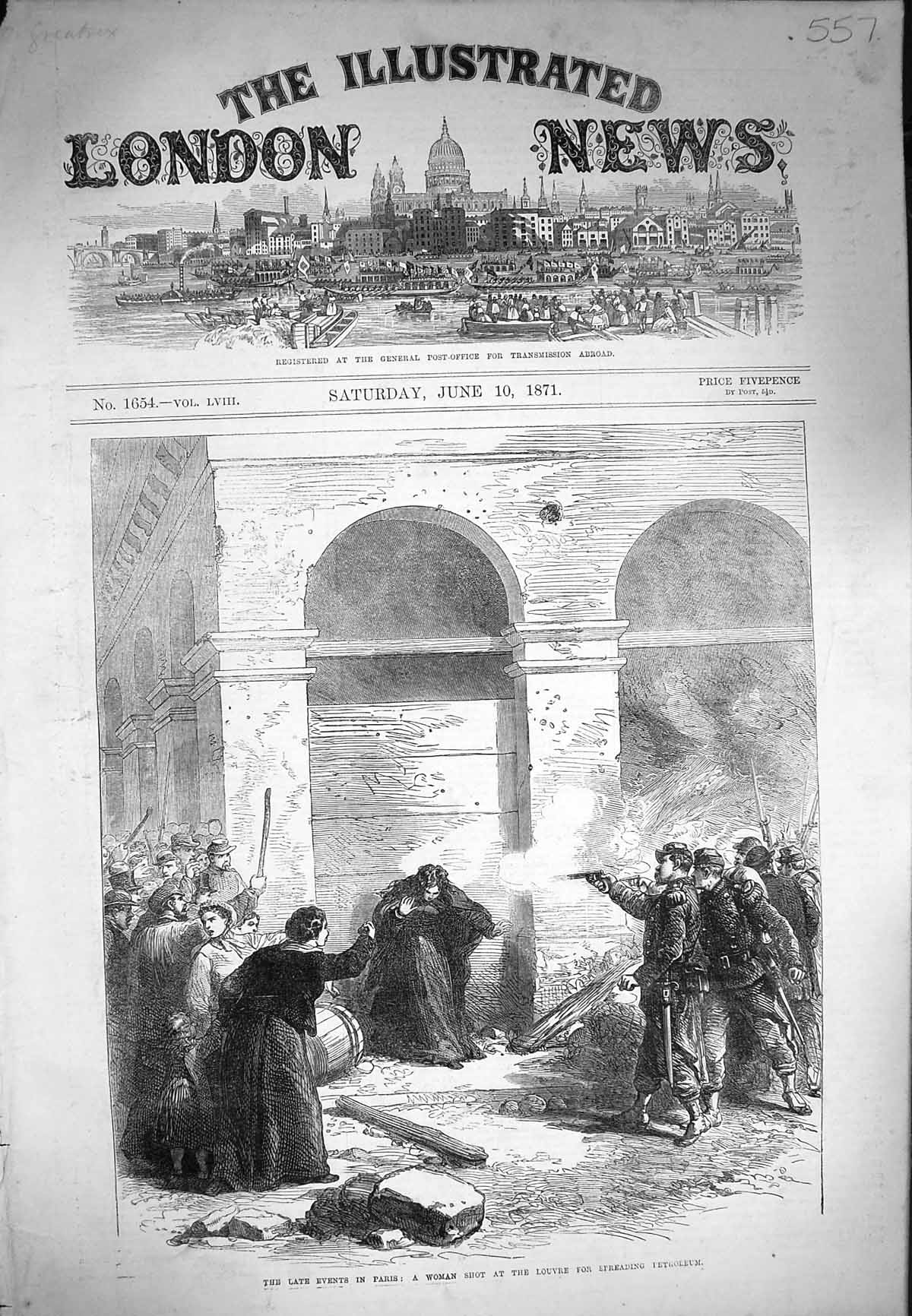 Original Old Antique Print 1871 Paris Woman Shot Louvre Spreading Petroleum