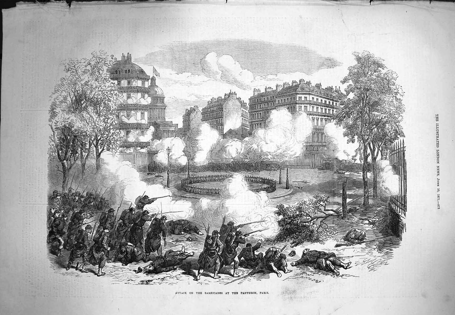 Original Old Antique Print 1871 Attack Barricades Pantheon Paris France Siers