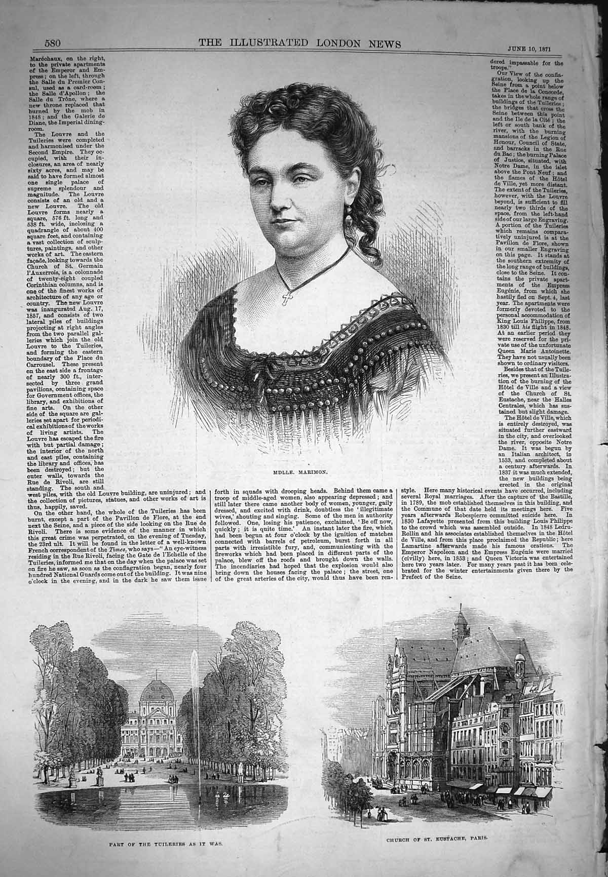 Old Antique Print 1871 Portrait Marimon Church Eustache Paris Tuileries 19th