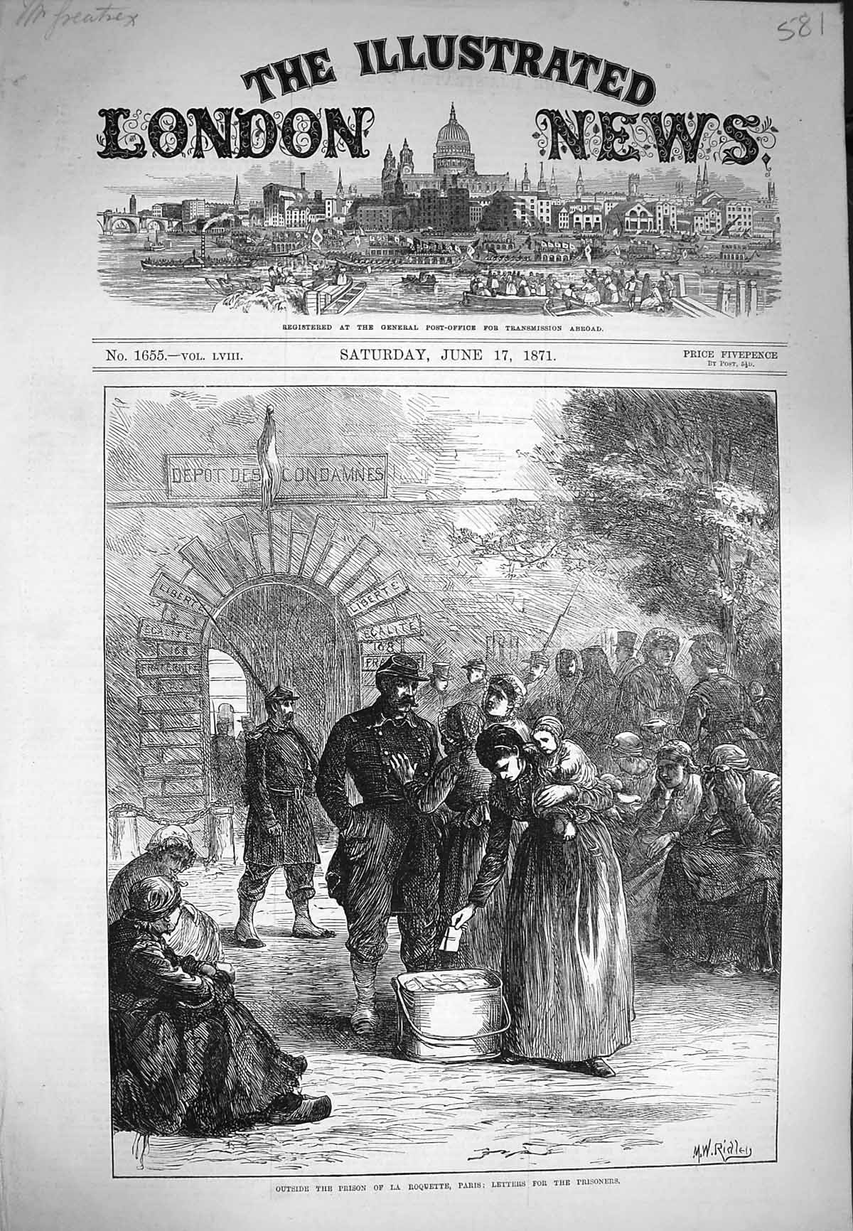 Original Old Antique Print 1871 Letters Prisoners Scene Outside Prison Roquette