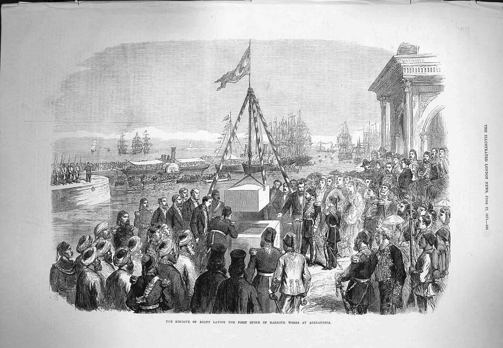 Original Old Antique Print 1871 Khedive Egypt Stone Harbour Works Alexandria