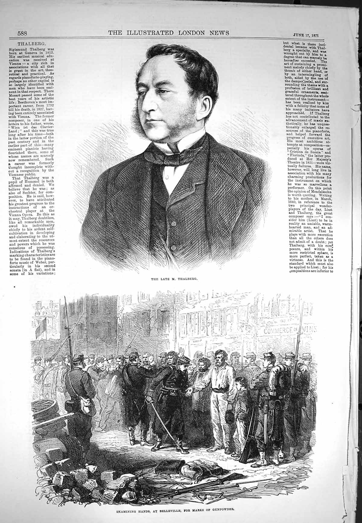 Original Old Antique Print 1871 Portrait Thalberg Bellville Siers Gunpowder