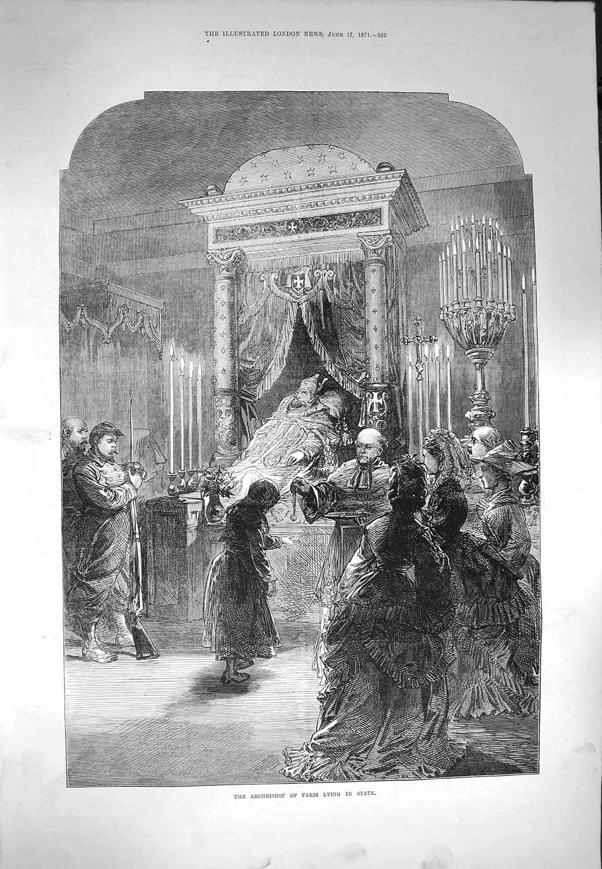 Original Old Antique Print 1871 Archbishop Paris Lying State Body Victorian