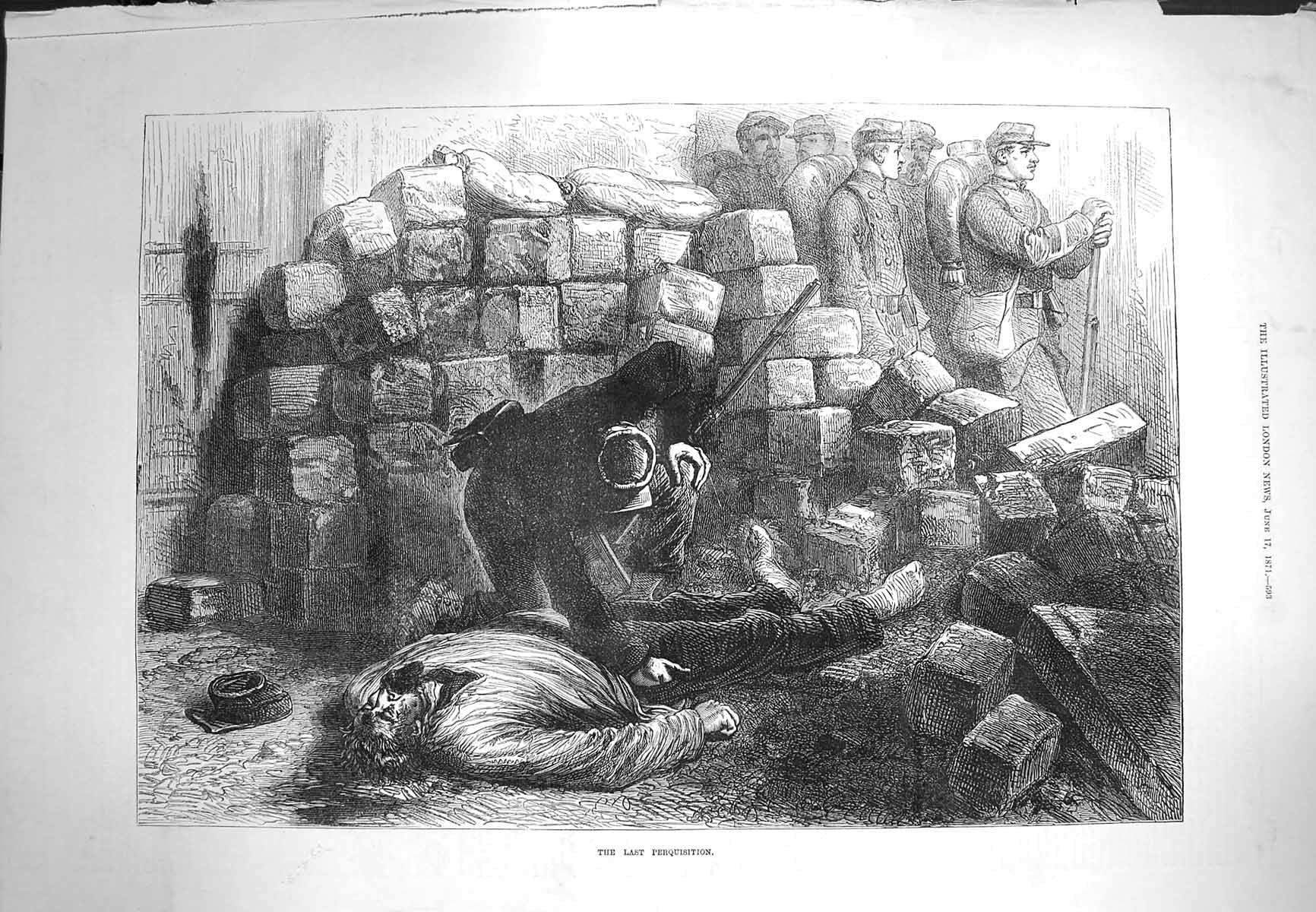 Original Old Antique Print 1871 Scene Last Perquisition Dead Injured Men Siers
