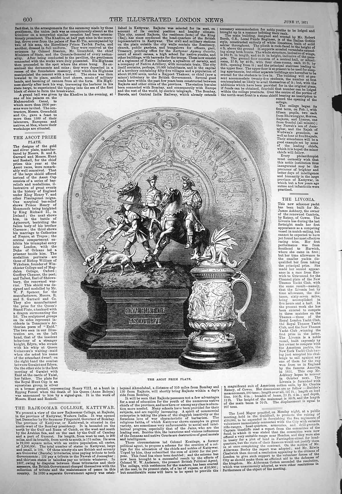 Original Old Antique Print 1871 Ascot Horse Racing Sport Prize Plate Royal Hunt