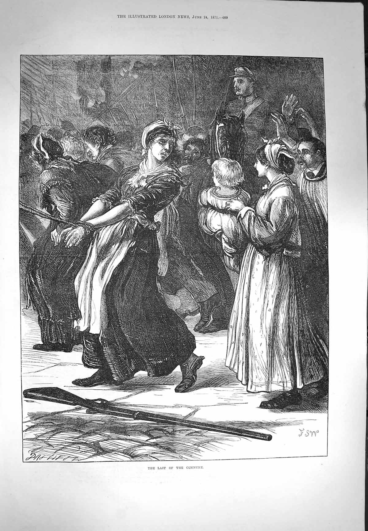 Original Old Antique Print 1871 Last Commune Lady Tied-Up Sier 19th