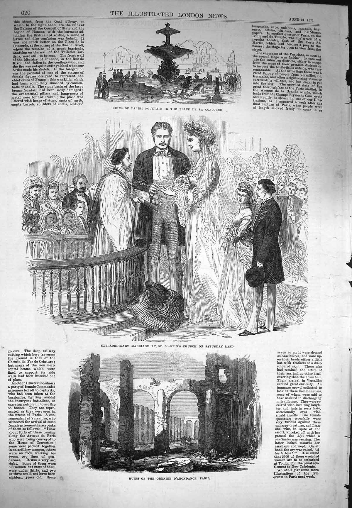 Old Antique Print 1871 Fountain Paris Martin'S Church Grenier D'Abondance 19th