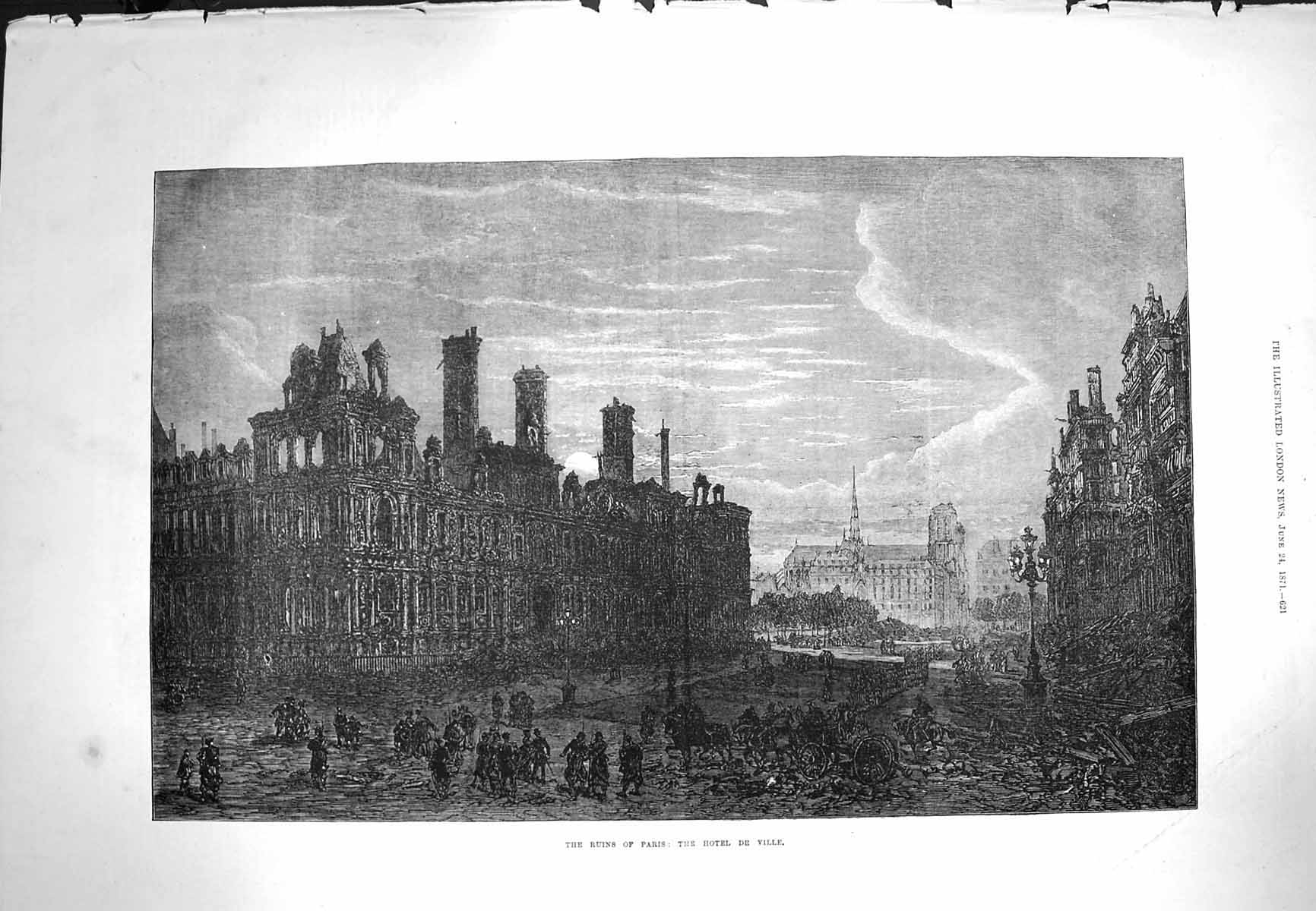 Original Old Antique Print 1871 Ruins Paris France Hotel De Ville Moonlight