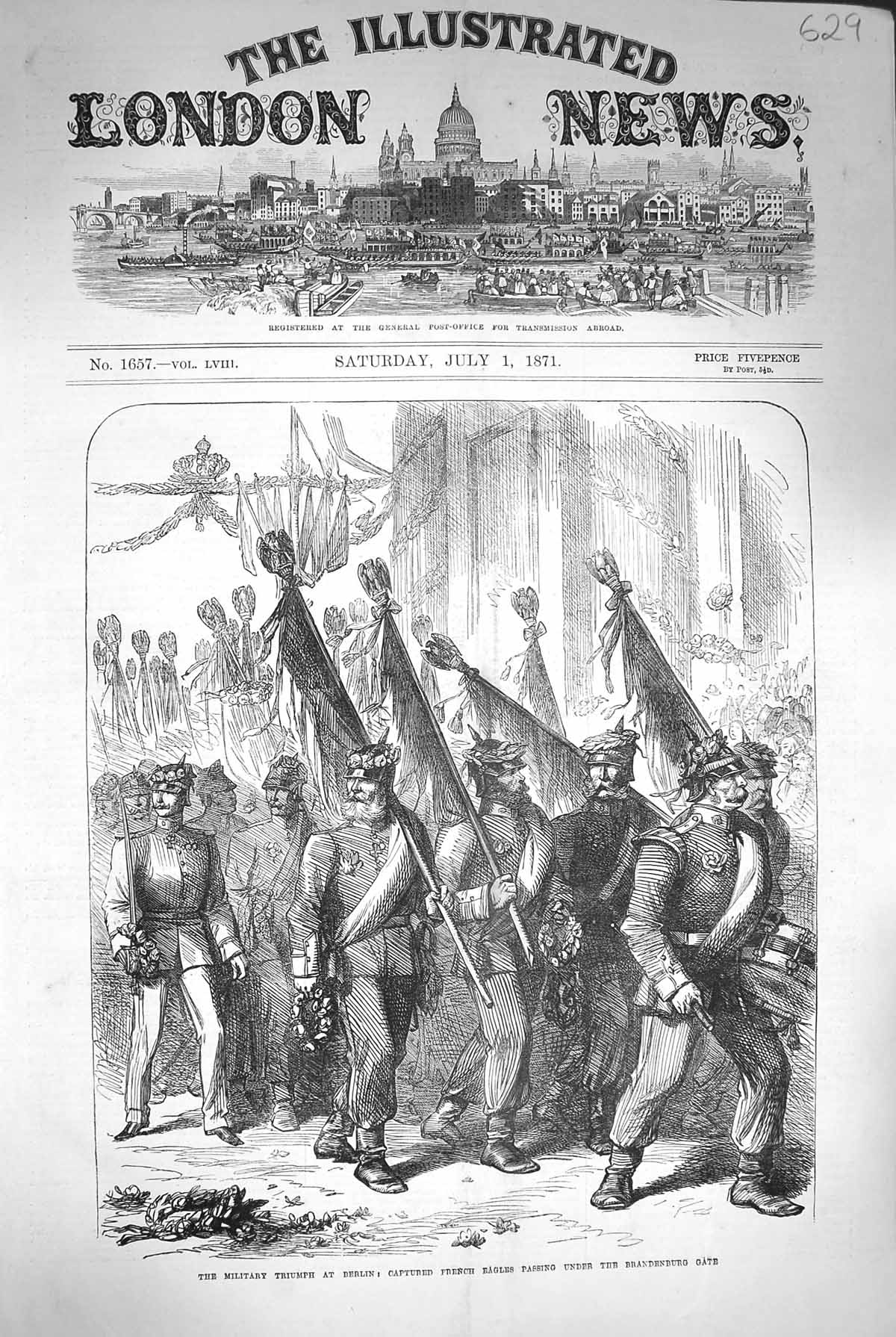 Old Antique Print 1871 French Eagles Brandenburg Gate Sedan Potsdam Gate 19th