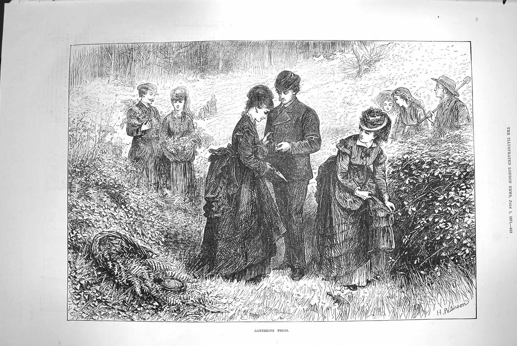 Original Old Antique Print 1871 Scene Gathering Ferns Coun 19th