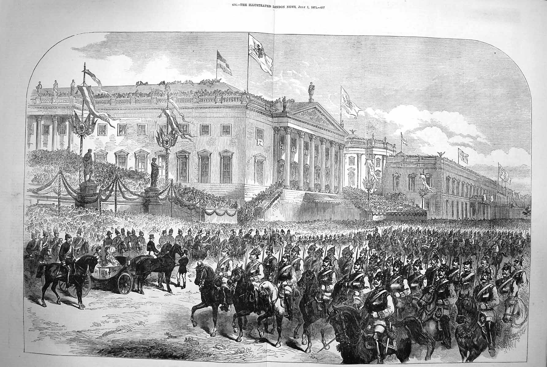 Original Old Antique Print 1871 Siers Emperor Germany Berlin Opera Place War