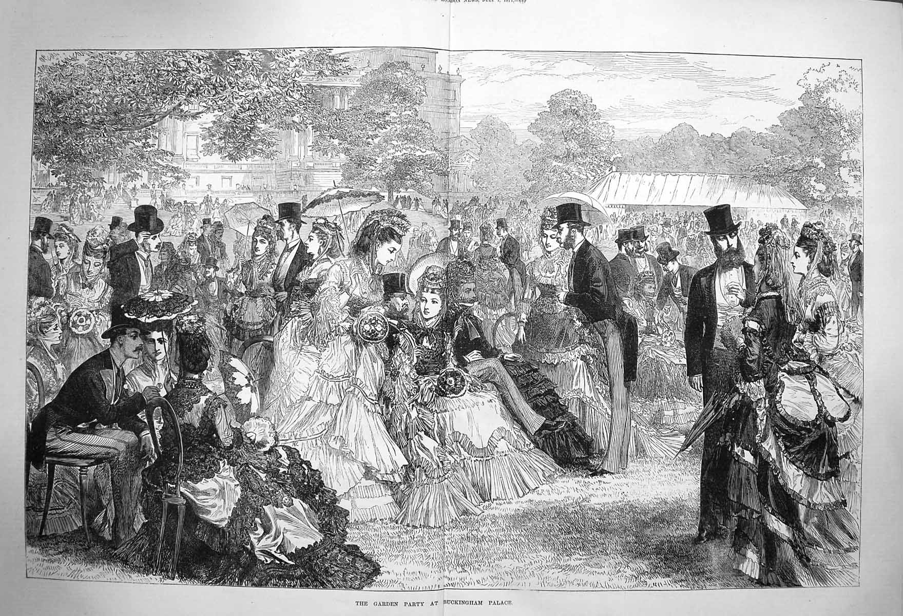 Original Old Antique Print 1871 Queen Garden Party Buckingham Palace London