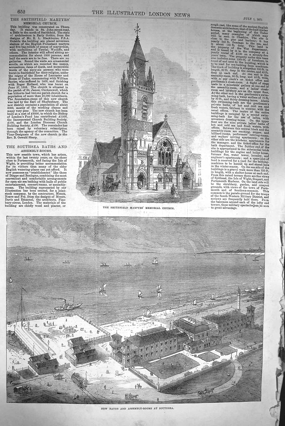 Original Old Antique Print 1871 Assembly Rooms Southsea Smithfield Martyrs 19th