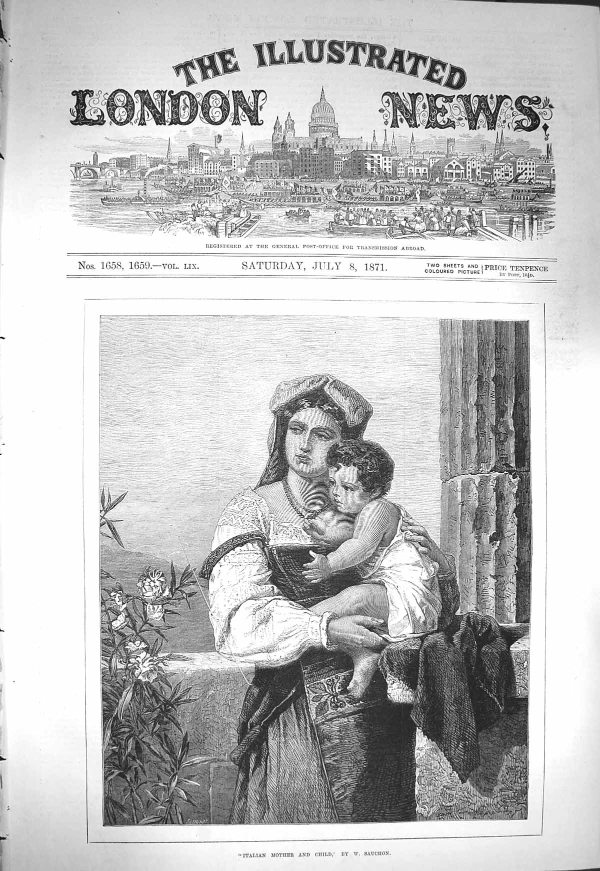 Original Old Antique Print 1871 Portrait Italian Mother Child Sauchon Victorian
