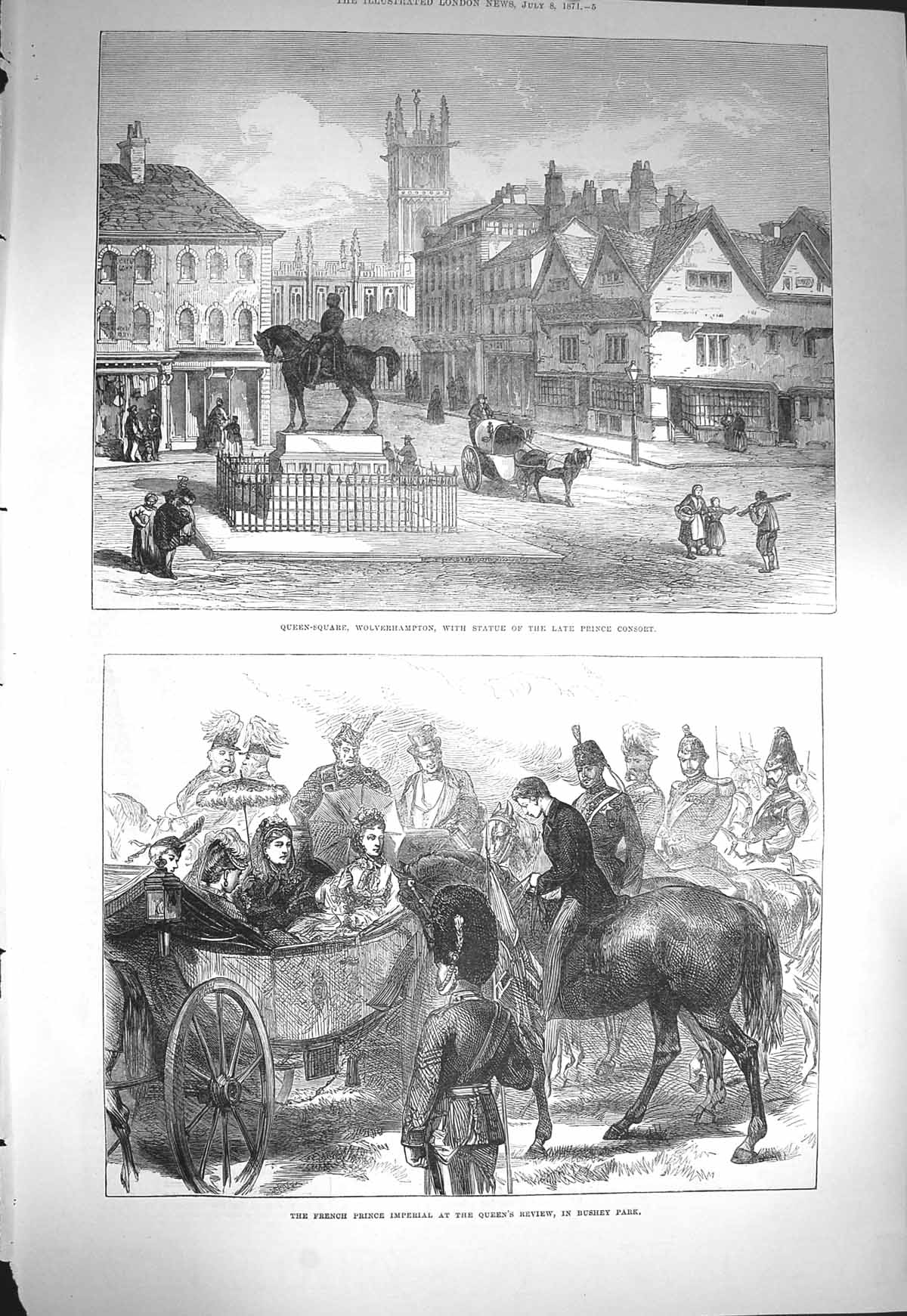 Old Antique Print 1871 Queen-Square Wolverhampton Prince Consort Bushey 19th
