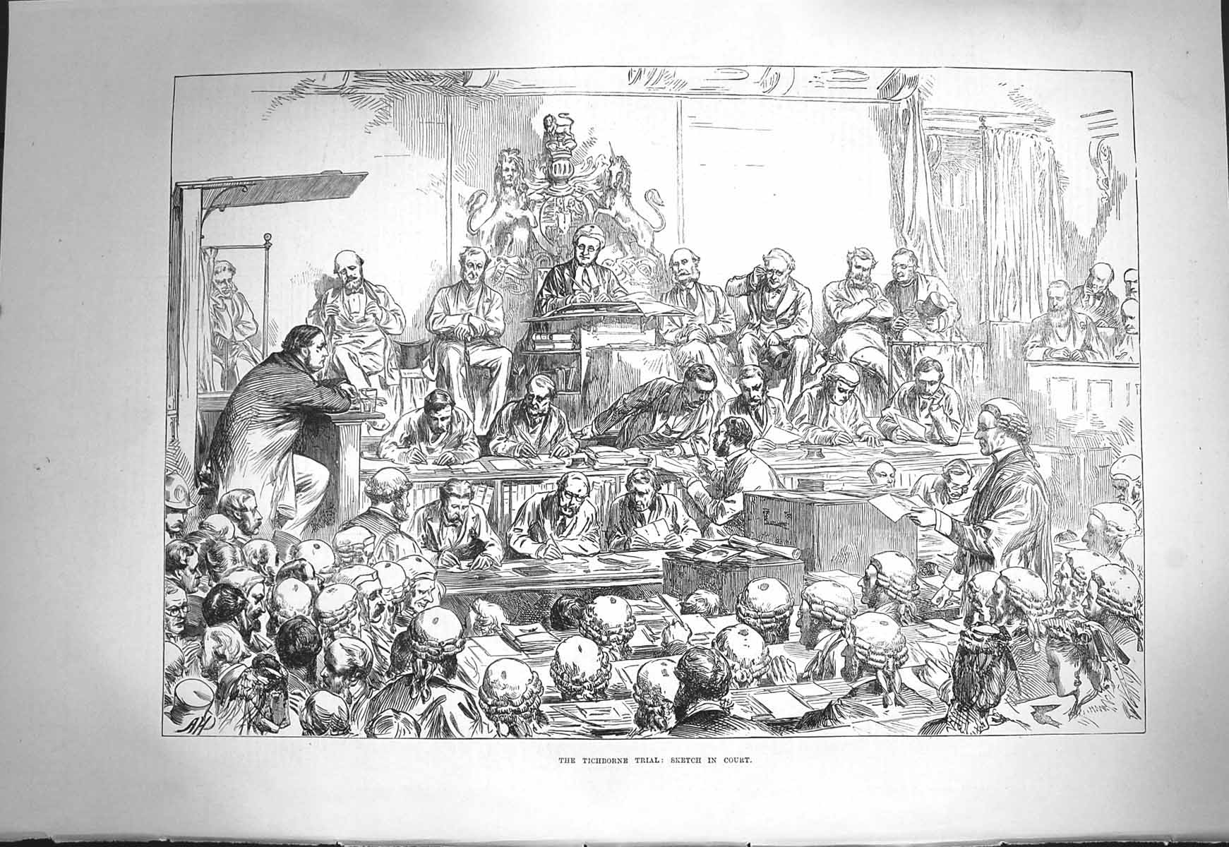 Original Old Antique Print 1871 Tichborne Trial Scene Court Judge Bench 19th