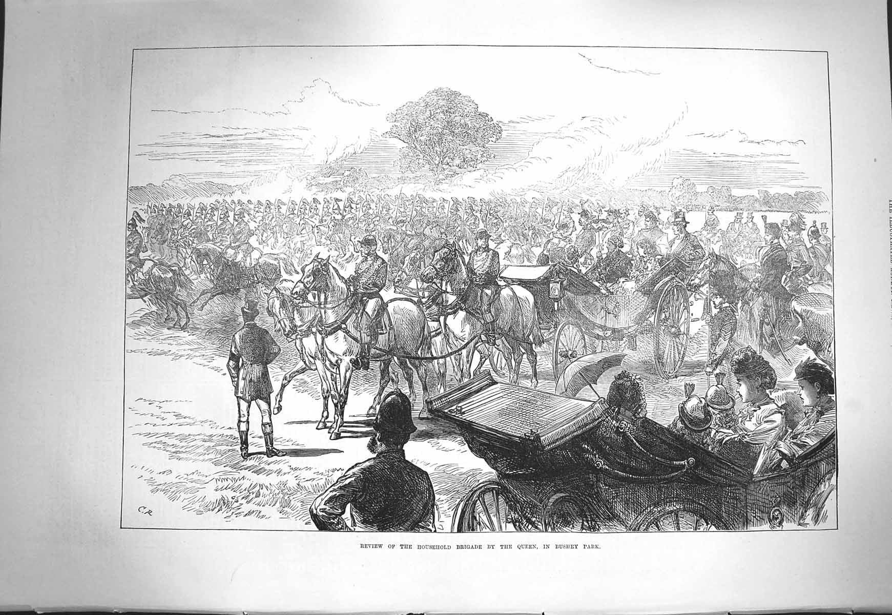 Original Old Antique Print 1871 HousehBrigade Queen Bushey Park Siers Victorian