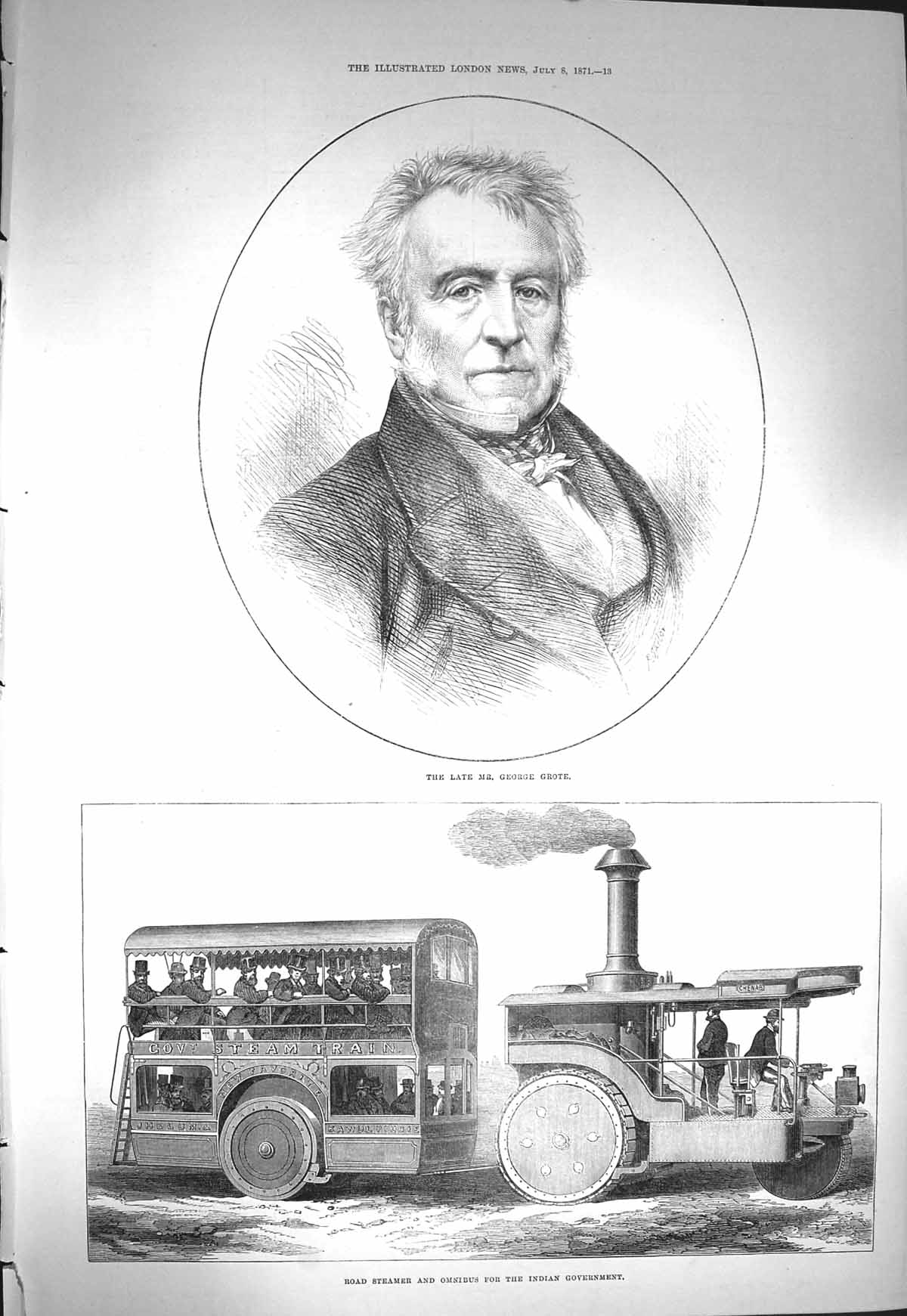 Original Old Antique Print 1871 Portrait George Grote Road Steamer Omnibu 19th