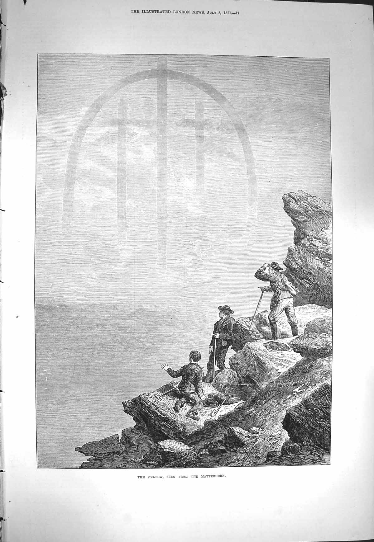 Original Old Antique Print 1871 Fog-Bow Matterhorn Mountains 19th