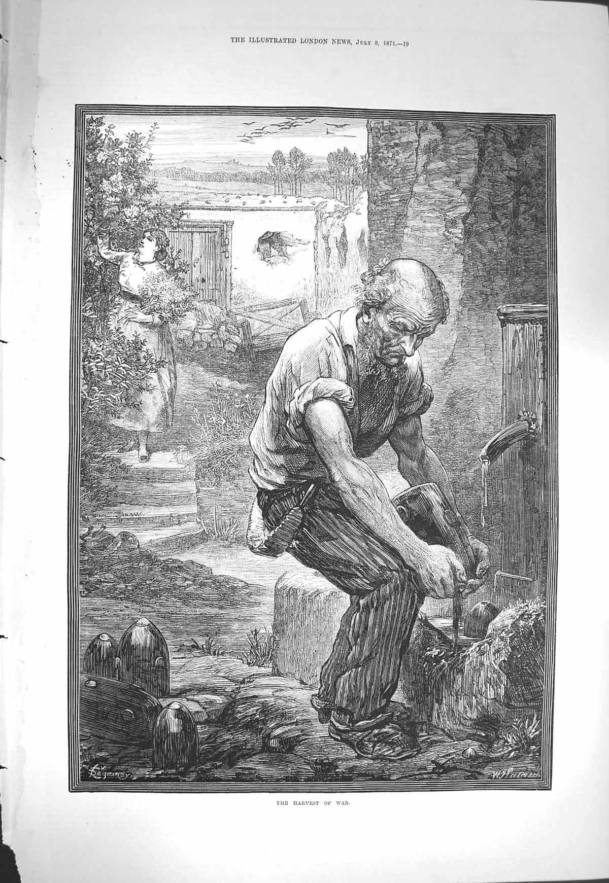 Original Old Antique Print 1871 Harvest War Man War Bombs Shells Fine Art 19th