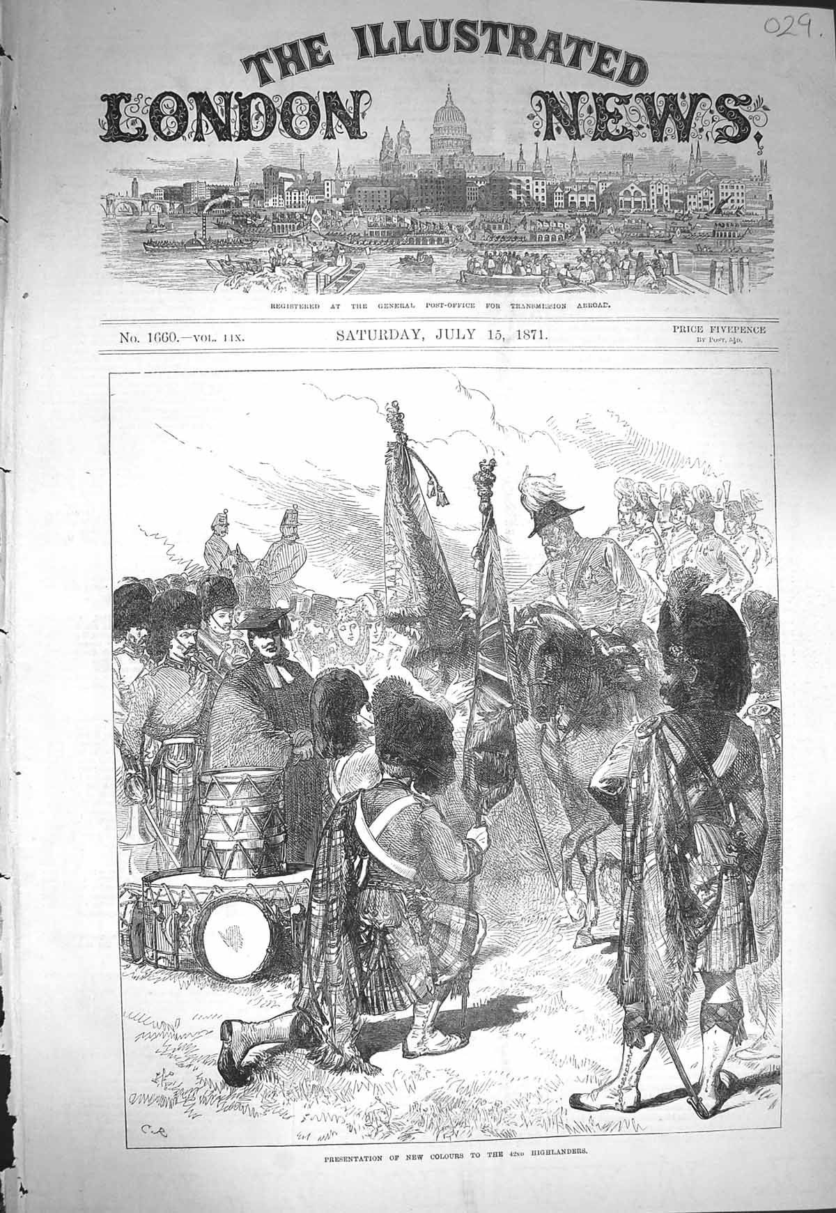 Original Old Antique Print 1871 Presentation Colours Highlanders Siers War 19th