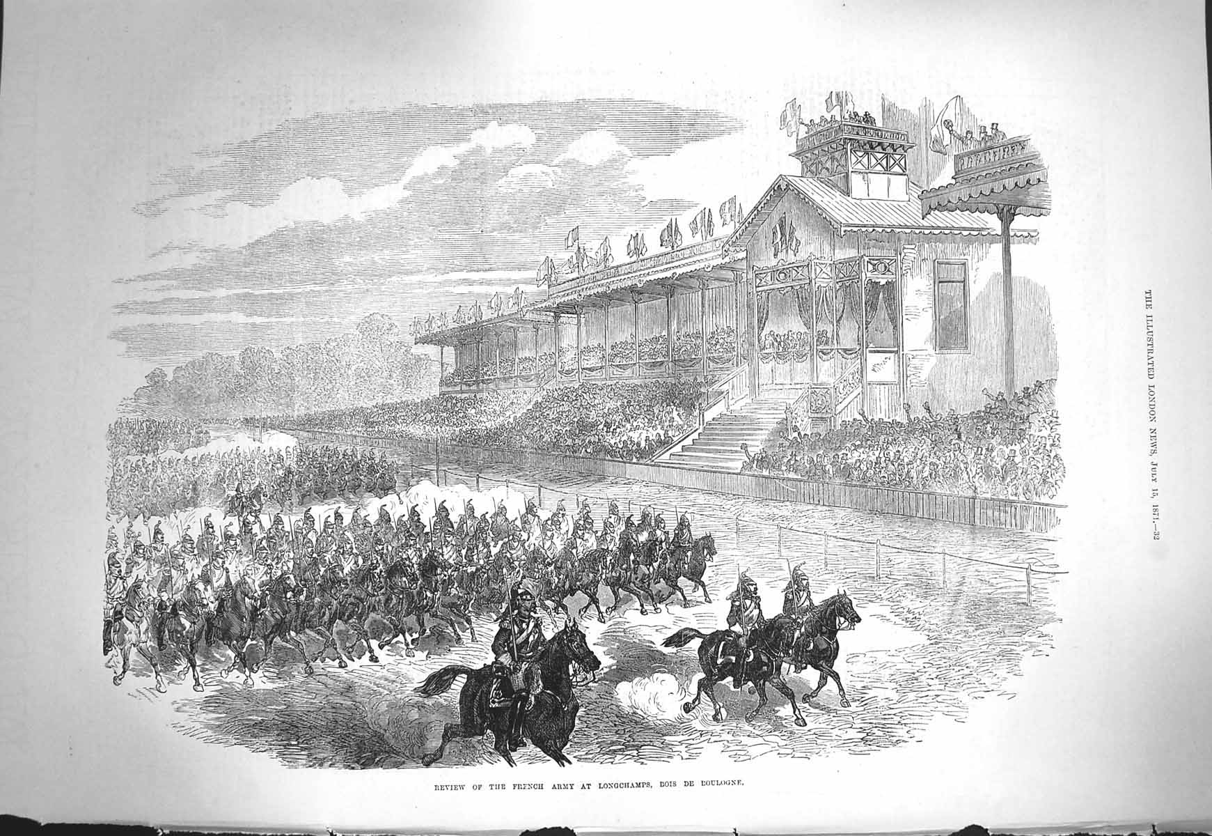 Original Old Antique Print 1871 Review French Army Longchamps Bois De Boulogne