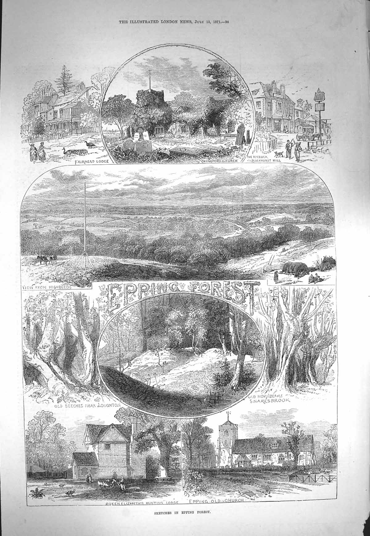 Old Antique Print 1871 Epping Forest Church Queen Elizabeth Lodge Trees 19th