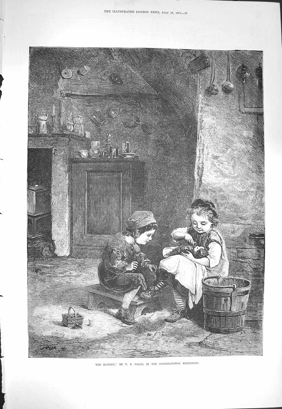 Original Old Antique Print 1871 Patient Children Toys Doll Frere F Victorian