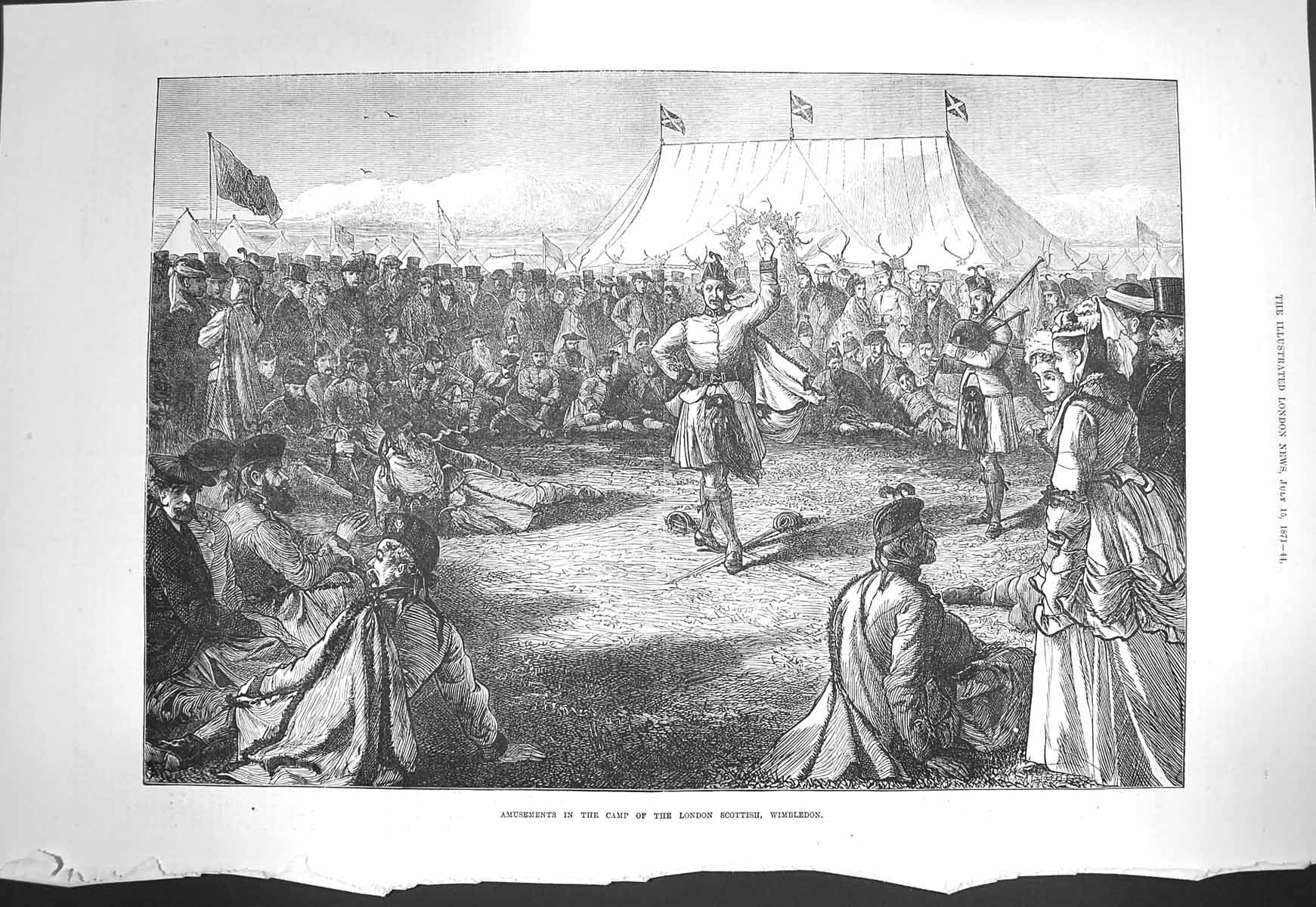 Original Old Antique Print 1871 Amusements Camp London Scottish Volunteers Army