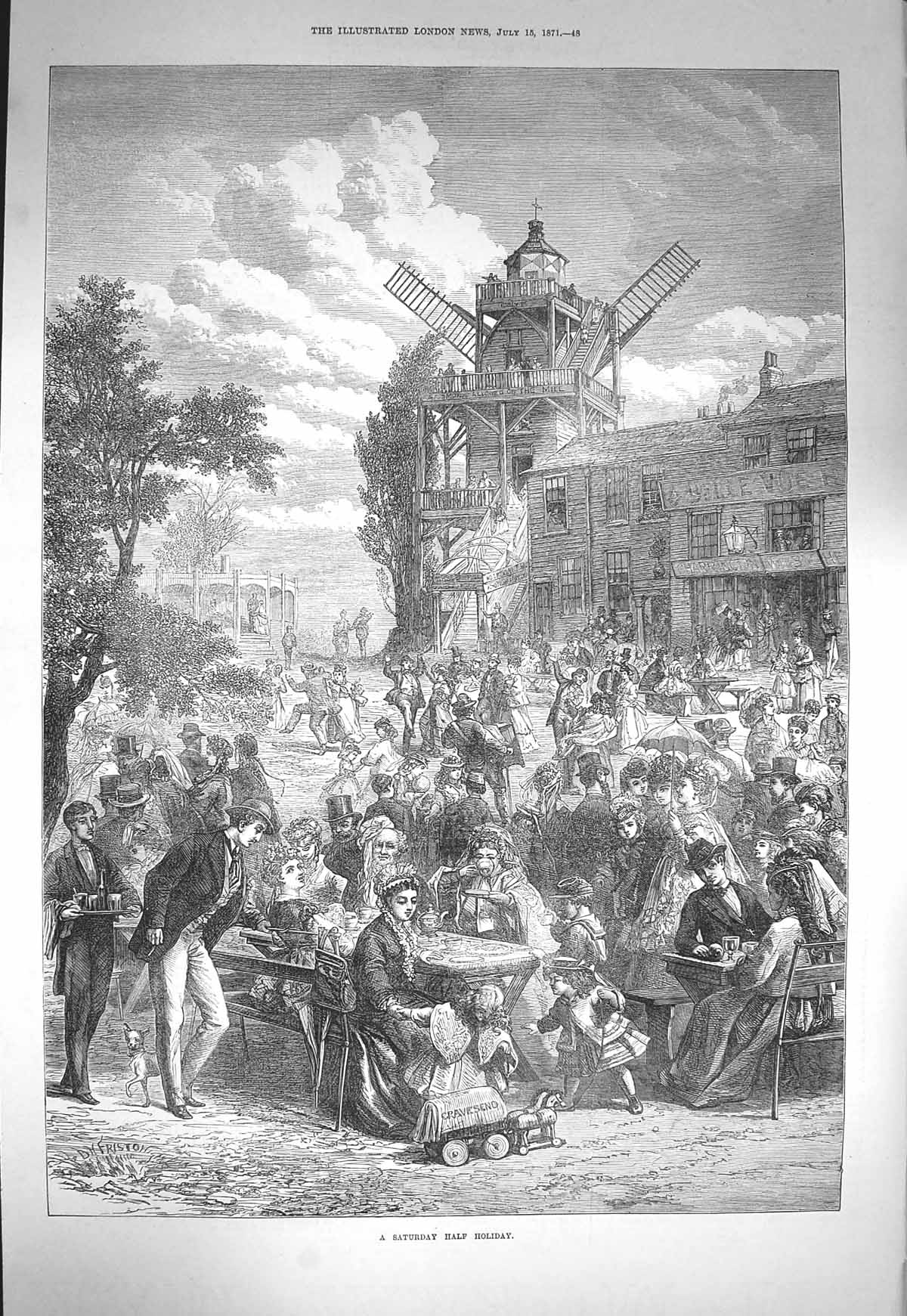 Original Old Antique Print 1871 Saturday Half Holiday Windmill People Gr 19th
