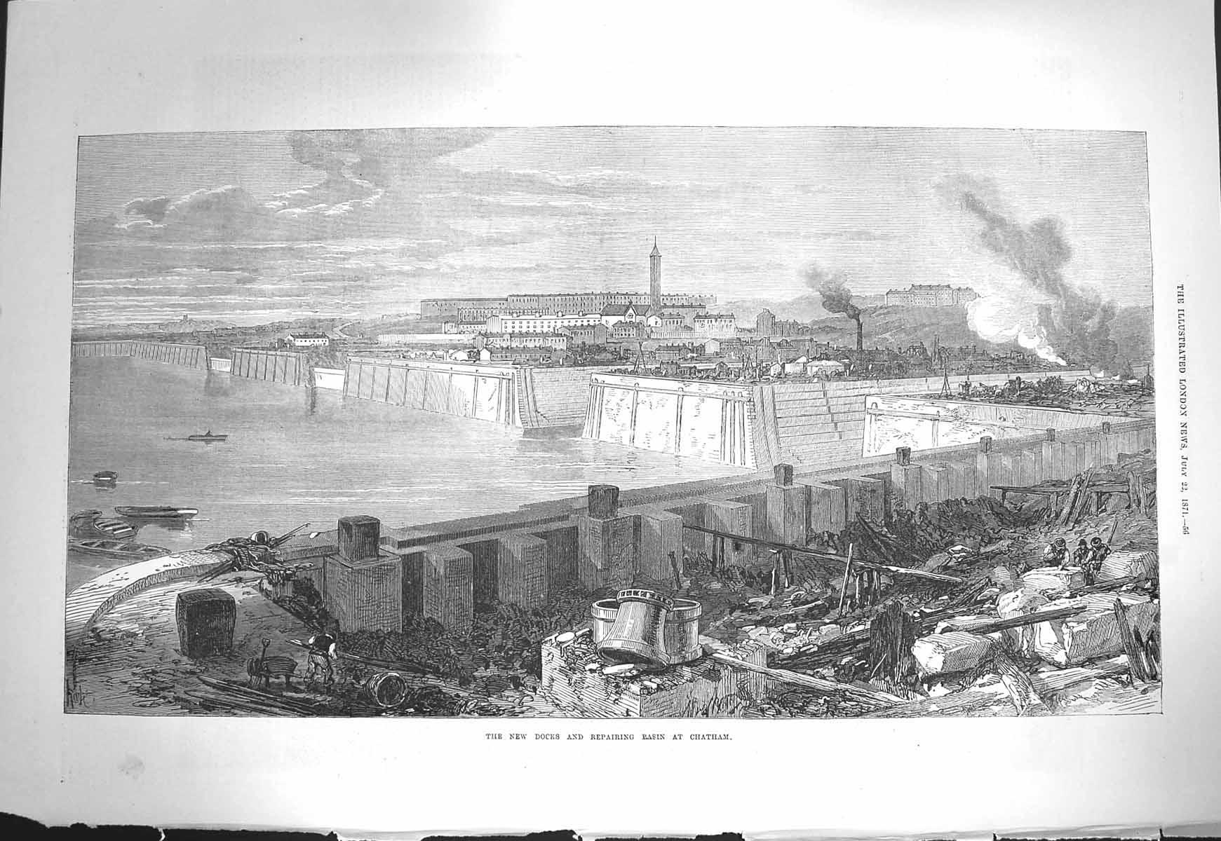 Original Old Antique Print 1871 New Docks Repairing Basin Chatham Fine Art 19th