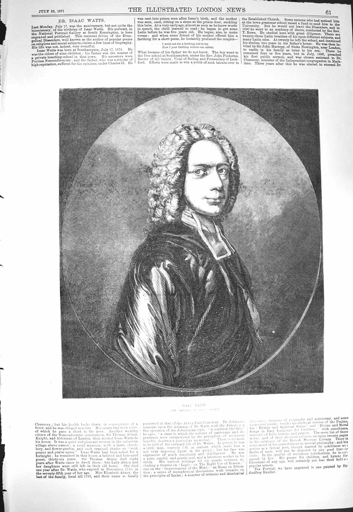 Original Old Antique Print 1871 Portrait Isaac Watts National Gallery Victorian