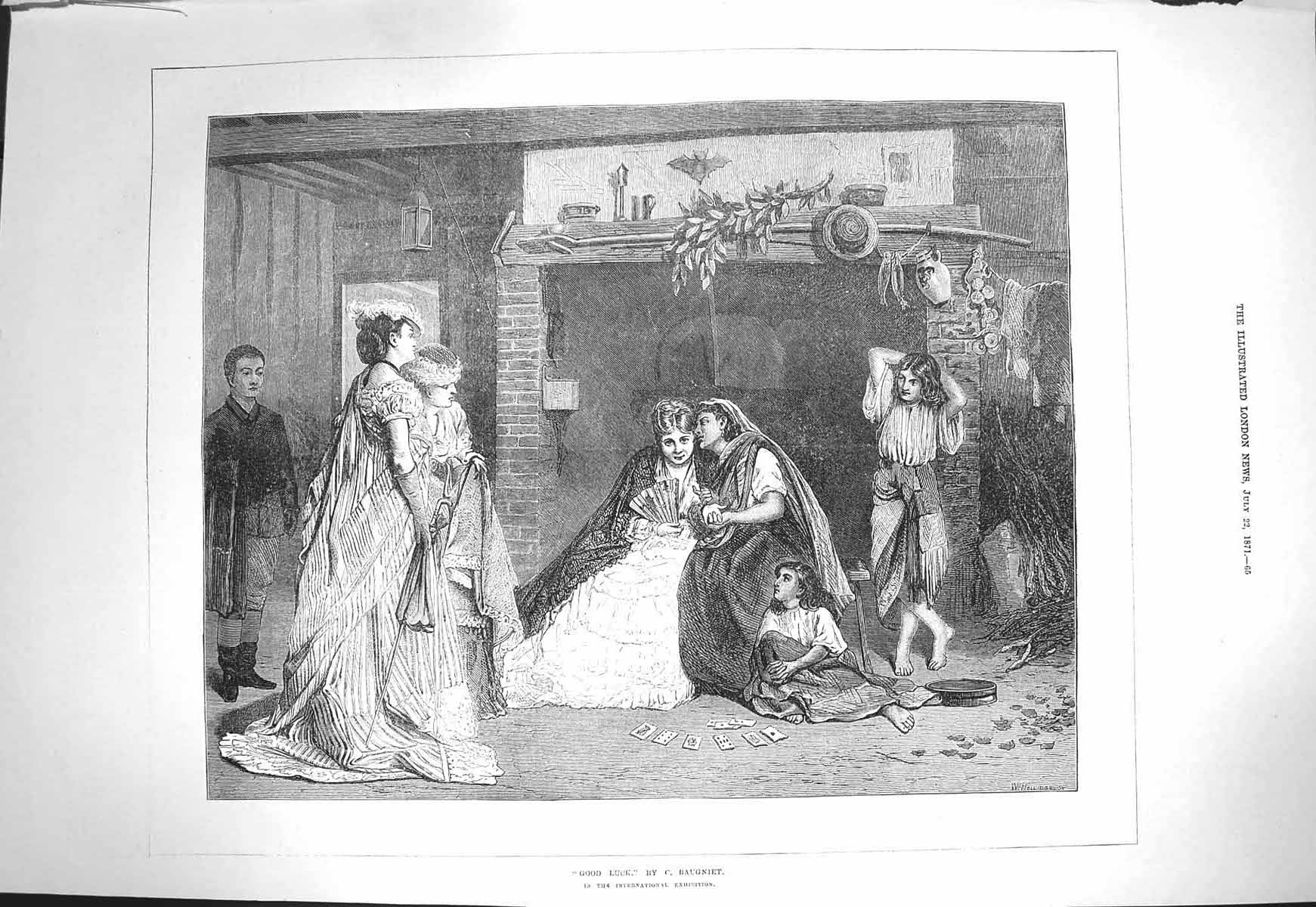 Original Old Antique Print 1871 Good Luck Ladies Card Games Fine Art Baugniet