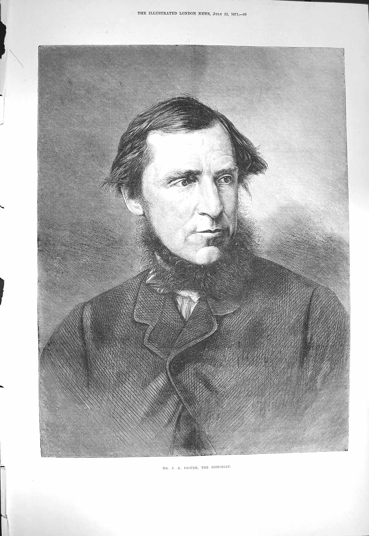 Original Old Antique Print 1871 Portrait Mr. J. A. Froude Historian Victorian