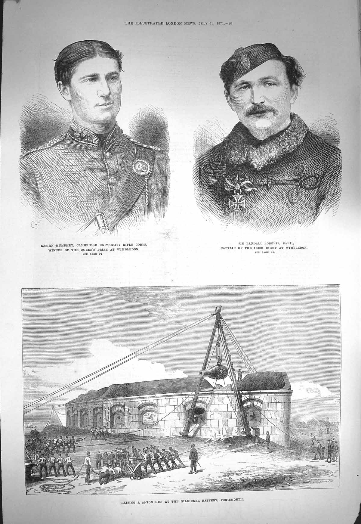 Old Antique Print 1871 Gun Gilkicker Battery Portsmouth Humphrey Roberts 19th