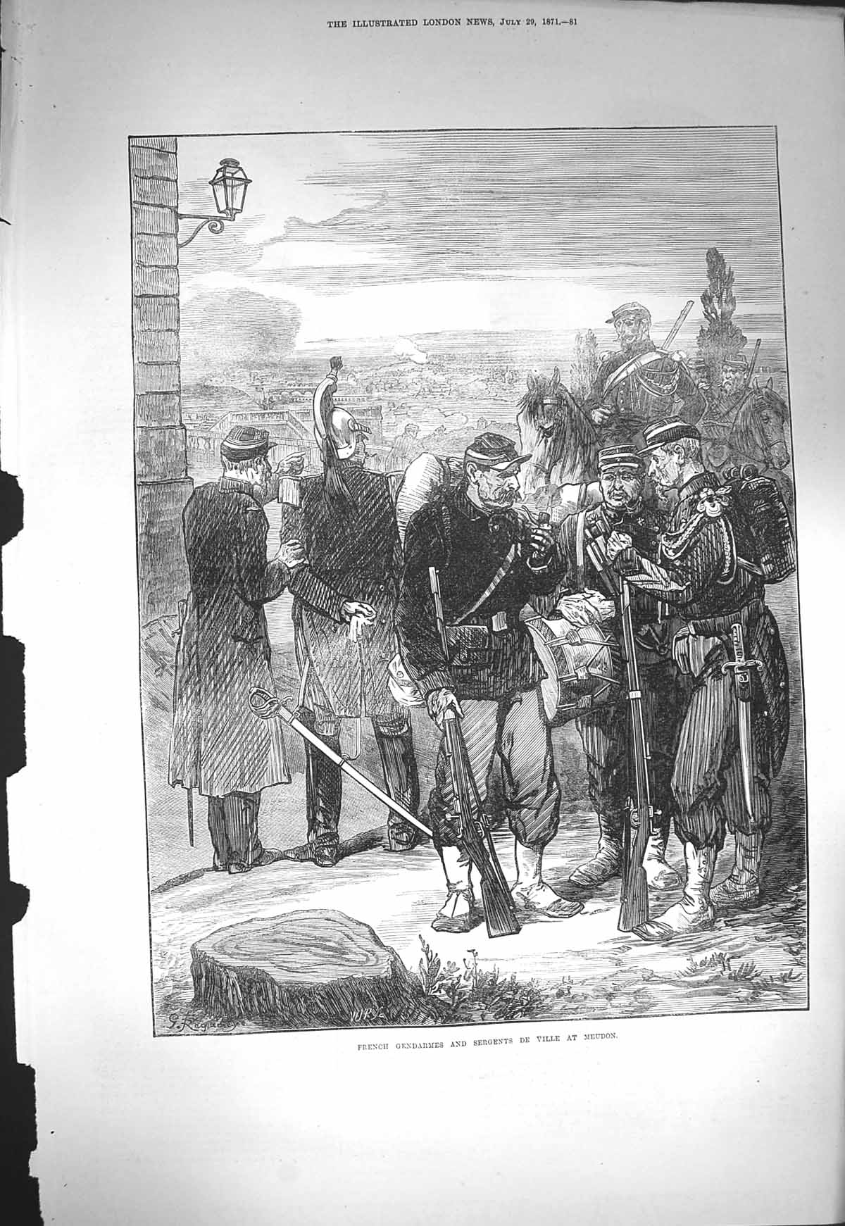 Original Old Antique Print 1871 French Gendarmes Sergents De Ville Meudon Siers