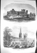 Original Old Antique Print 1871 Caerphilly Castle Llandaff Cathedral Wales 19th