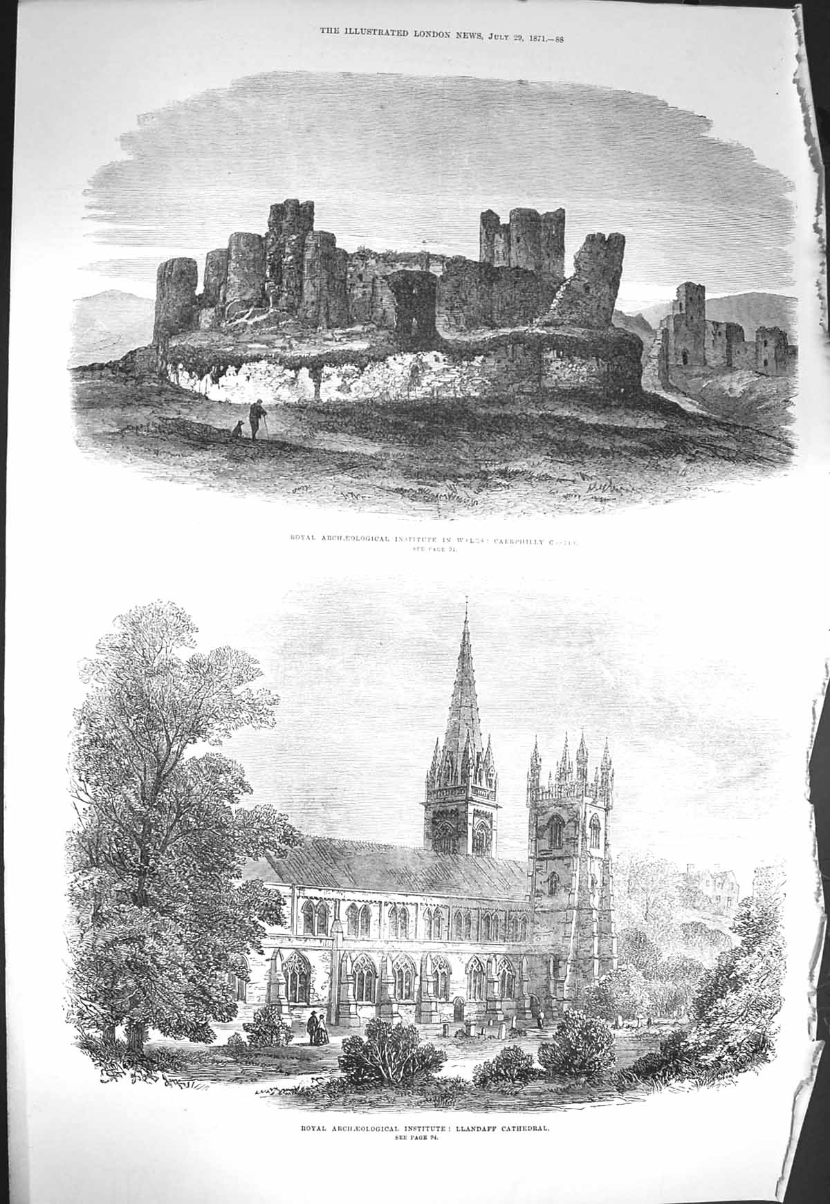 Original Old Antique Print 1871 Caerphilly Castle Llandaff Cathedral Wales 19th